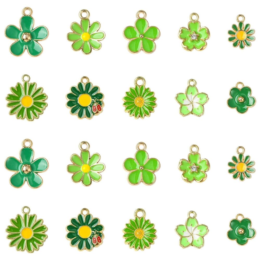 9183 60 pcs 10 Styles Enamel Spring Summer Floral Themed Charms Green Daisy